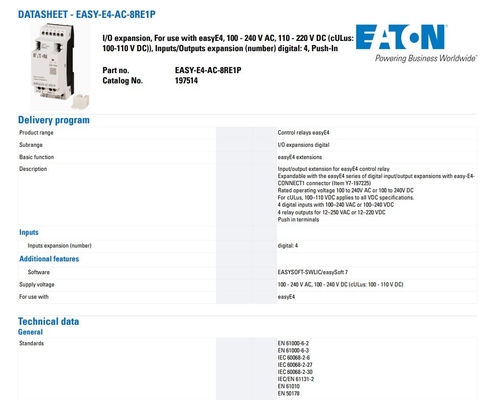 Contact Load 100-240V AC/DC 4DI4RO Push-in Terminals EASY-E4-AC-8RE1P DI/O Power Source